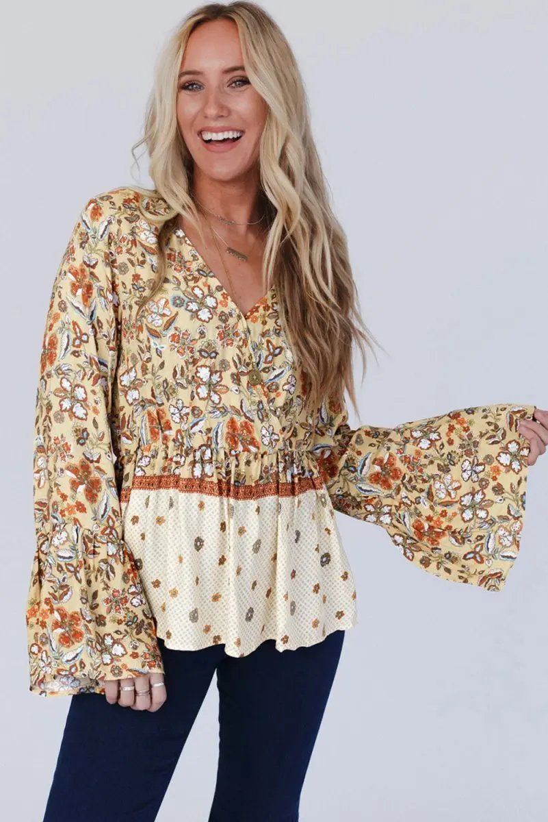 Yellow Printed Floral Bell Sleeve V Neck Wrapped Blouse - Love Salve